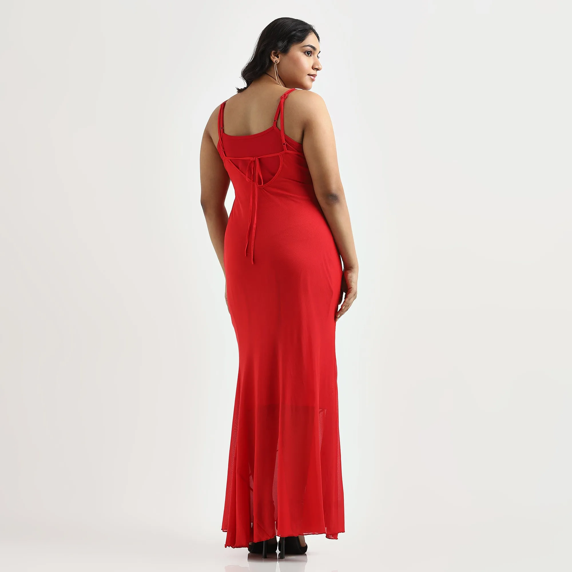 Red Cowl Neck Plus Size Bodycon Mesh Dress