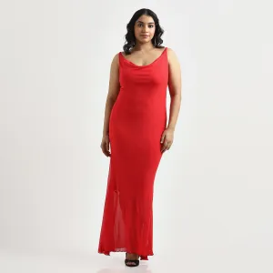 Red Cowl Neck Plus Size Bodycon Mesh Dress