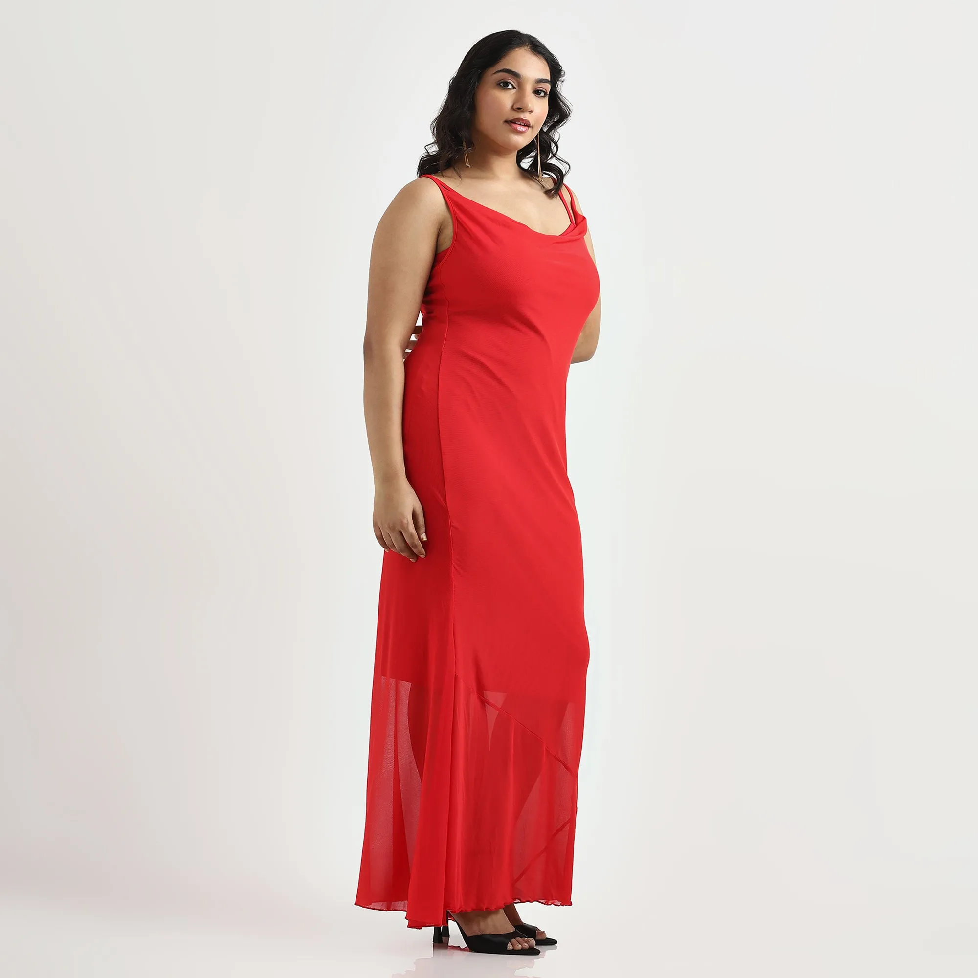 Red Cowl Neck Plus Size Bodycon Mesh Dress