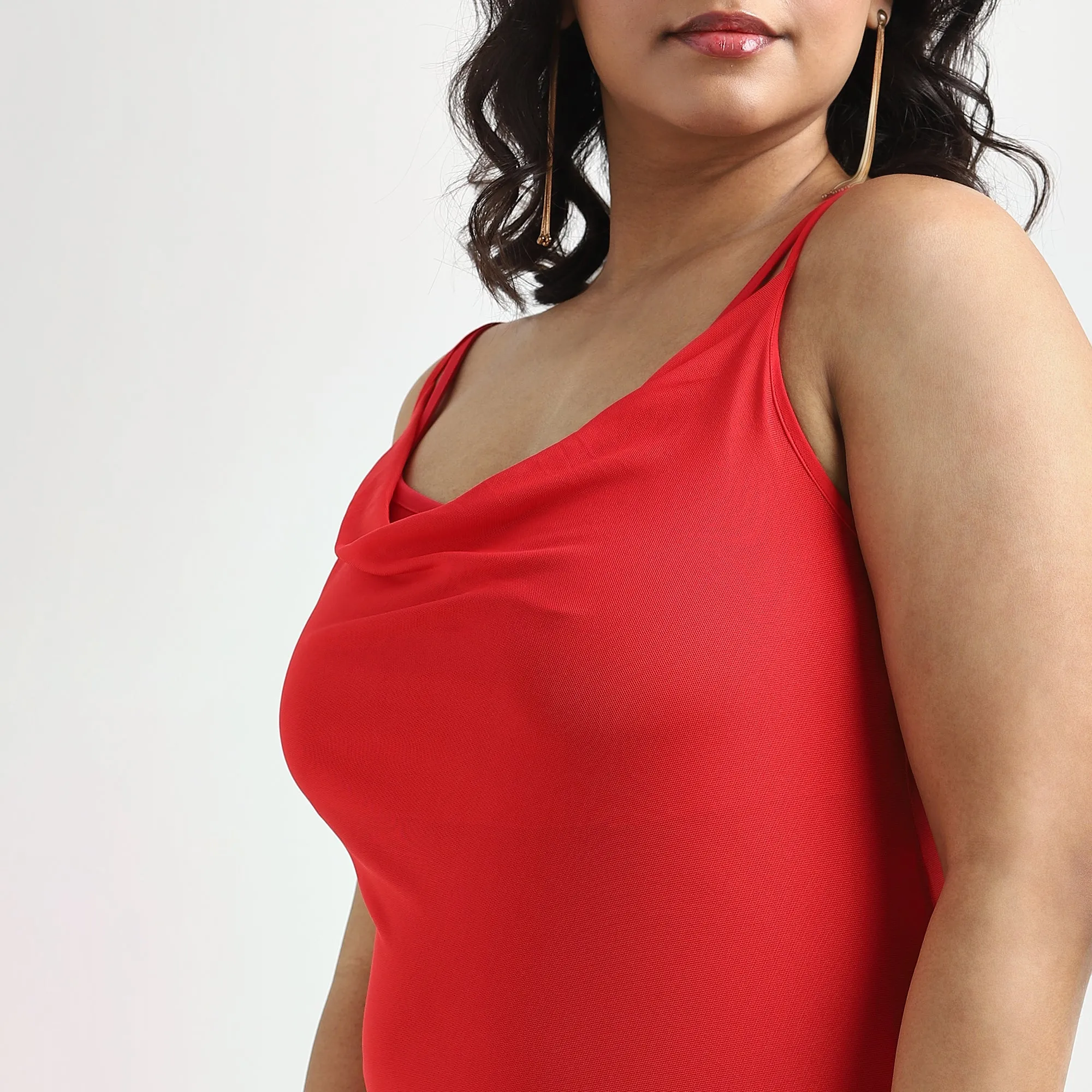 Red Cowl Neck Plus Size Bodycon Mesh Dress