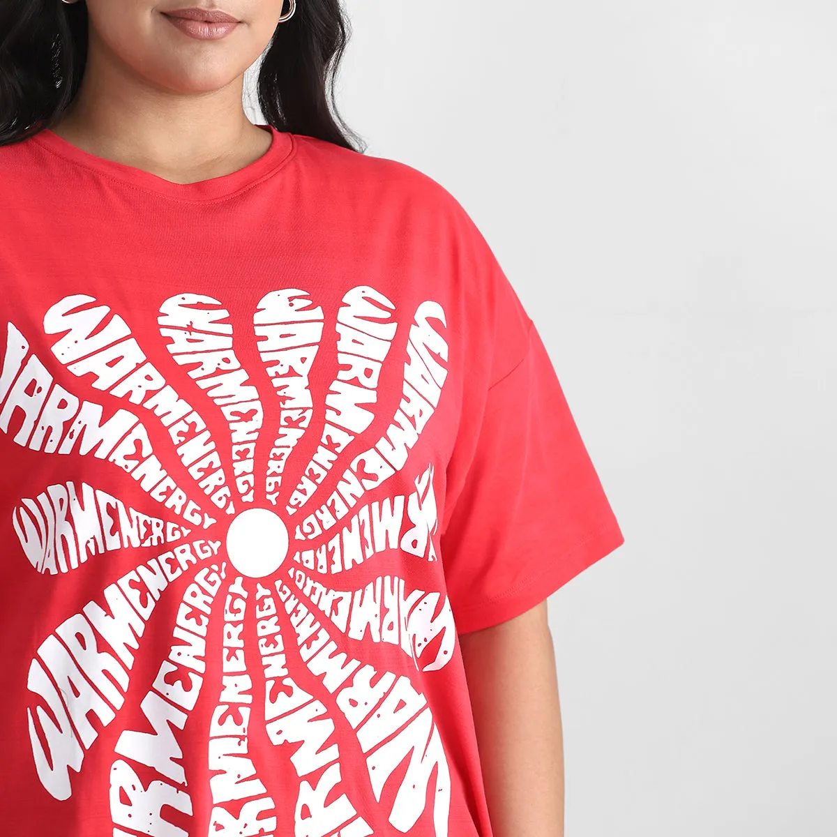 Red Warm Plus Size Chest Print Cotton Tee