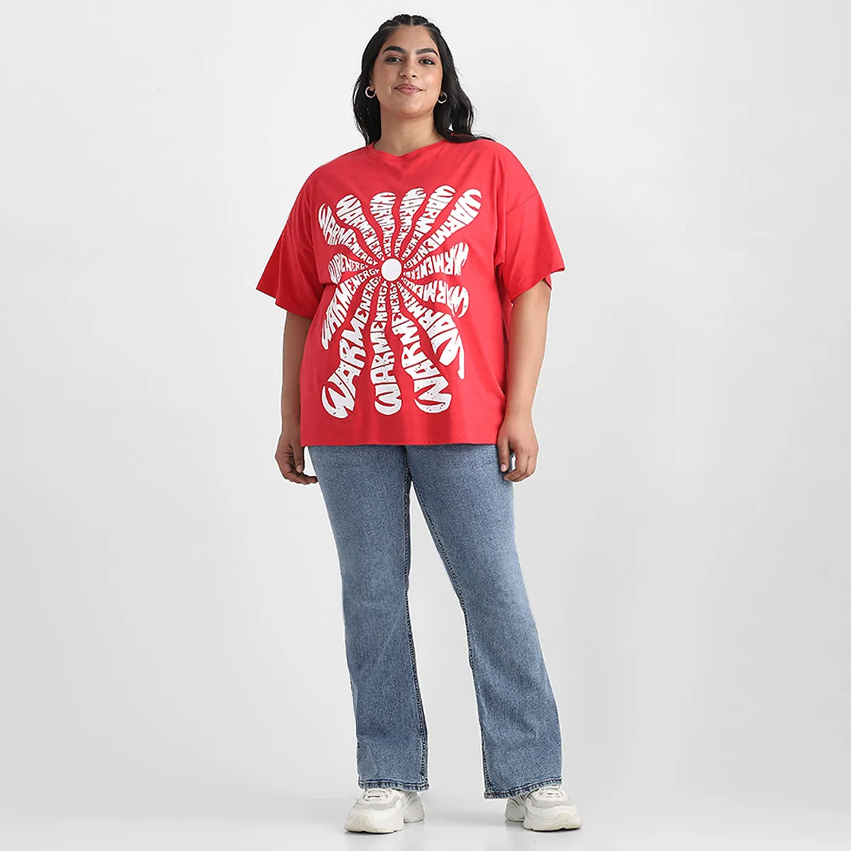 Red Warm Plus Size Chest Print Cotton Tee
