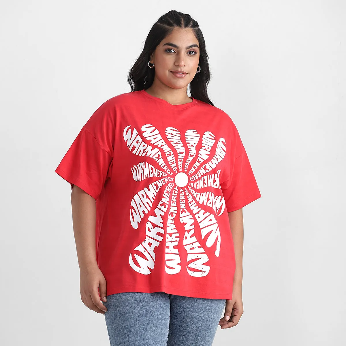 Red Warm Plus Size Chest Print Cotton Tee