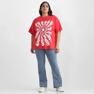 Red Warm Plus Size Chest Print Cotton Tee