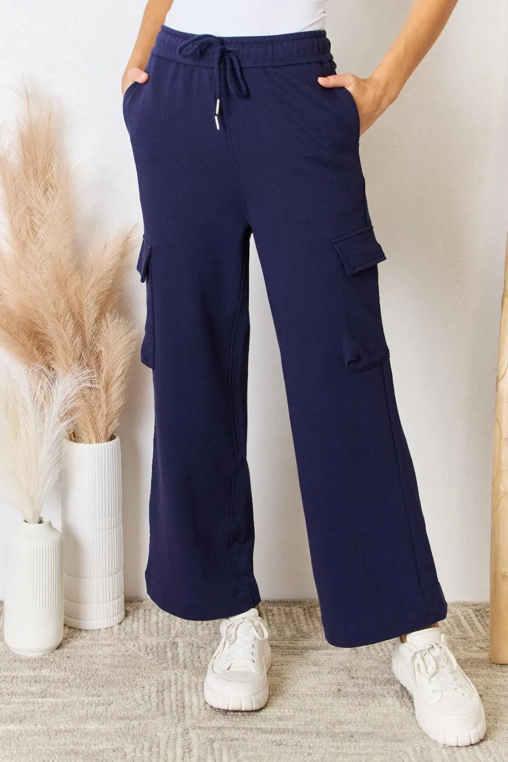 Relaxed Fit Drawstring Cargo Wide Leg Pants