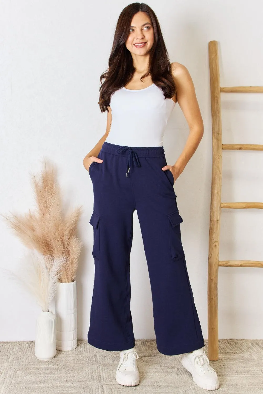 Relaxed Fit Drawstring Cargo Wide Leg Pants