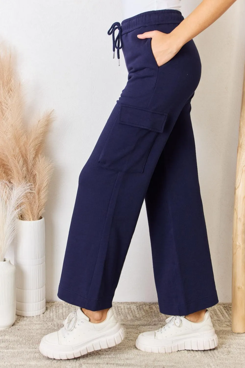 Relaxed Fit Drawstring Cargo Wide Leg Pants