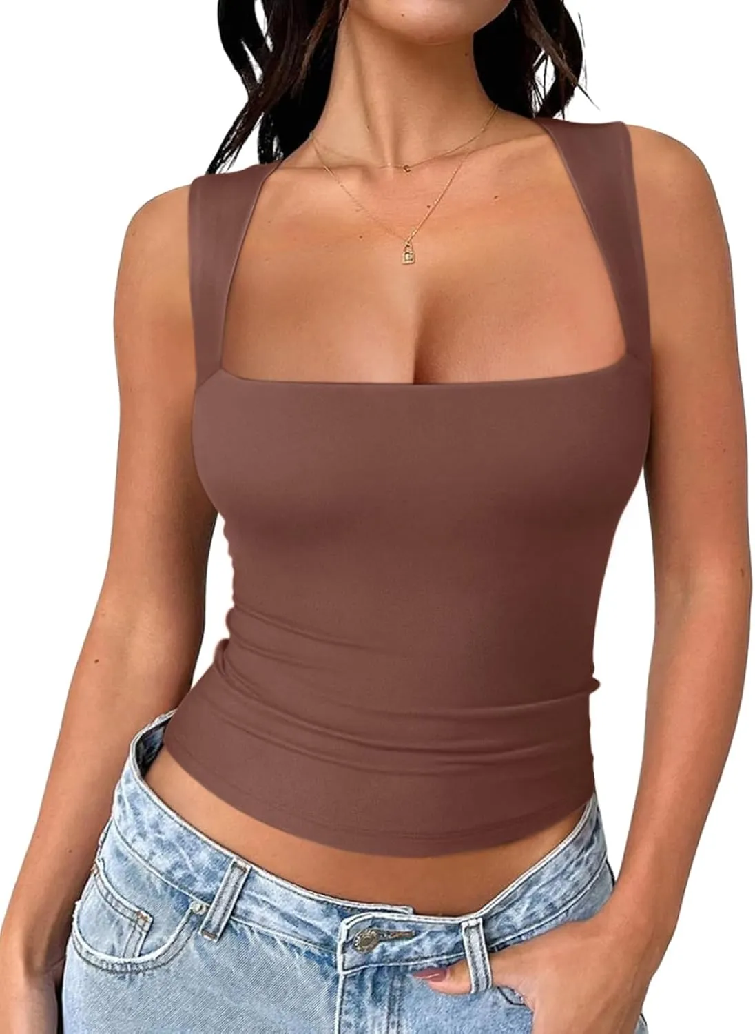 REORIA Butsmooth Women's Square Neck Going Out Crop Tops Double Lined Cute Basic Tank Tops 2025 Clothes