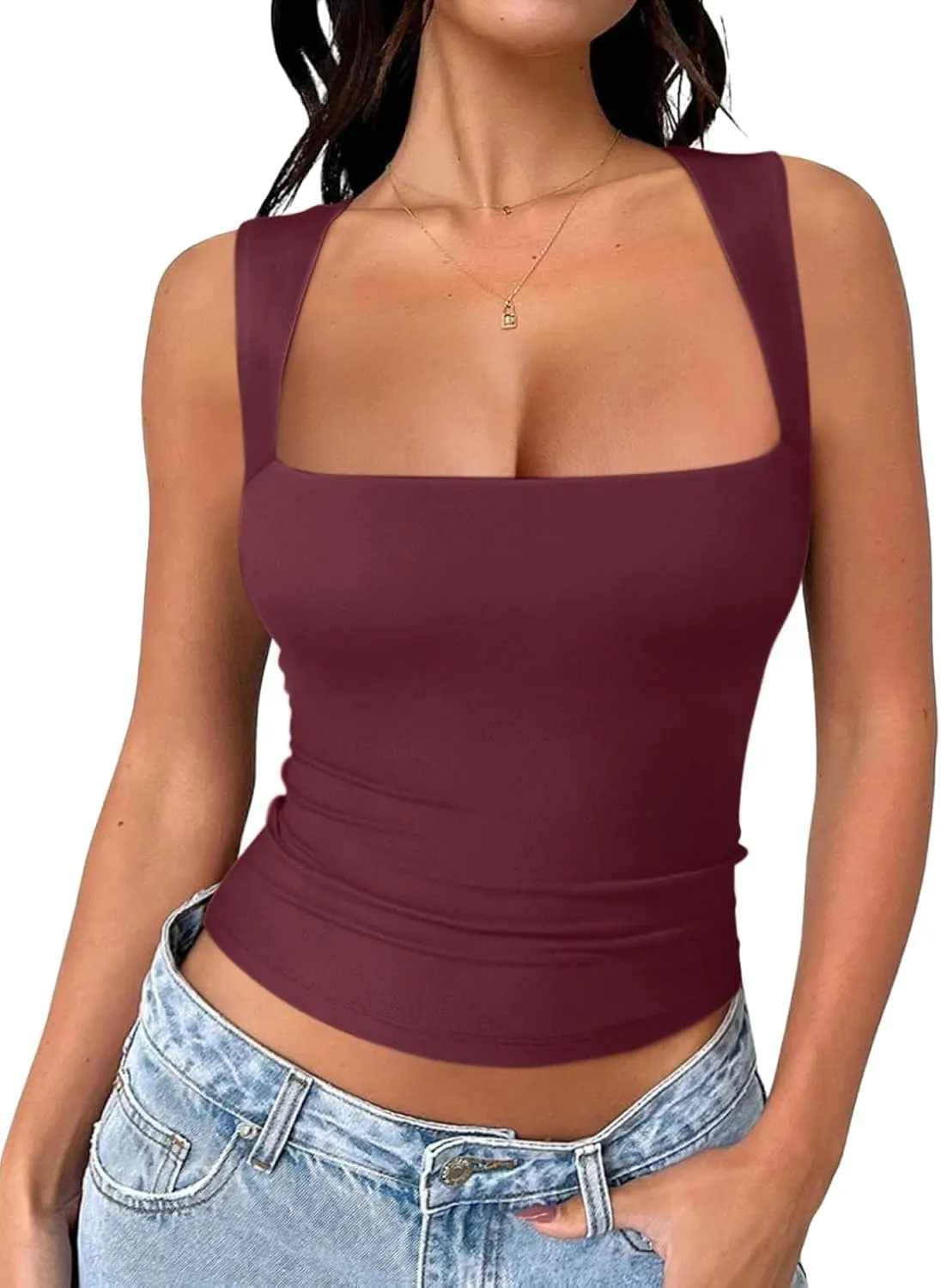 REORIA Butsmooth Women's Square Neck Going Out Crop Tops Double Lined Cute Basic Tank Tops 2025 Clothes
