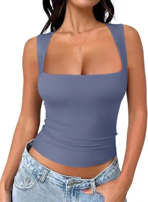 REORIA Butsmooth Women's Square Neck Going Out Crop Tops Double Lined Cute Basic Tank Tops 2025 Clothes