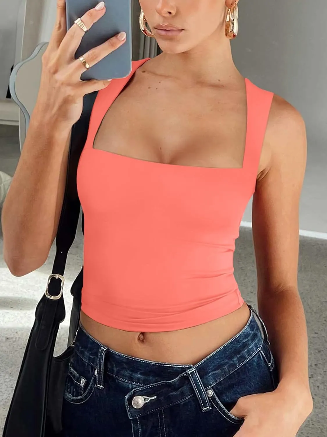 REORIA Butsmooth Women's Square Neck Going Out Crop Tops Double Lined Cute Basic Tank Tops 2025 Clothes
