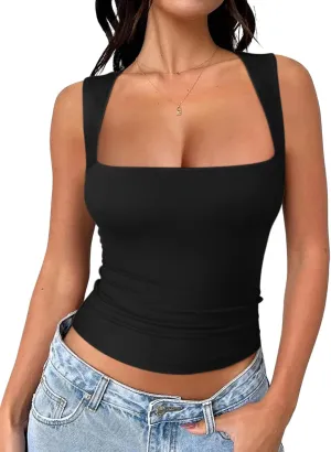 REORIA Butsmooth Women's Square Neck Going Out Crop Tops Double Lined Cute Basic Tank Tops 2025 Clothes