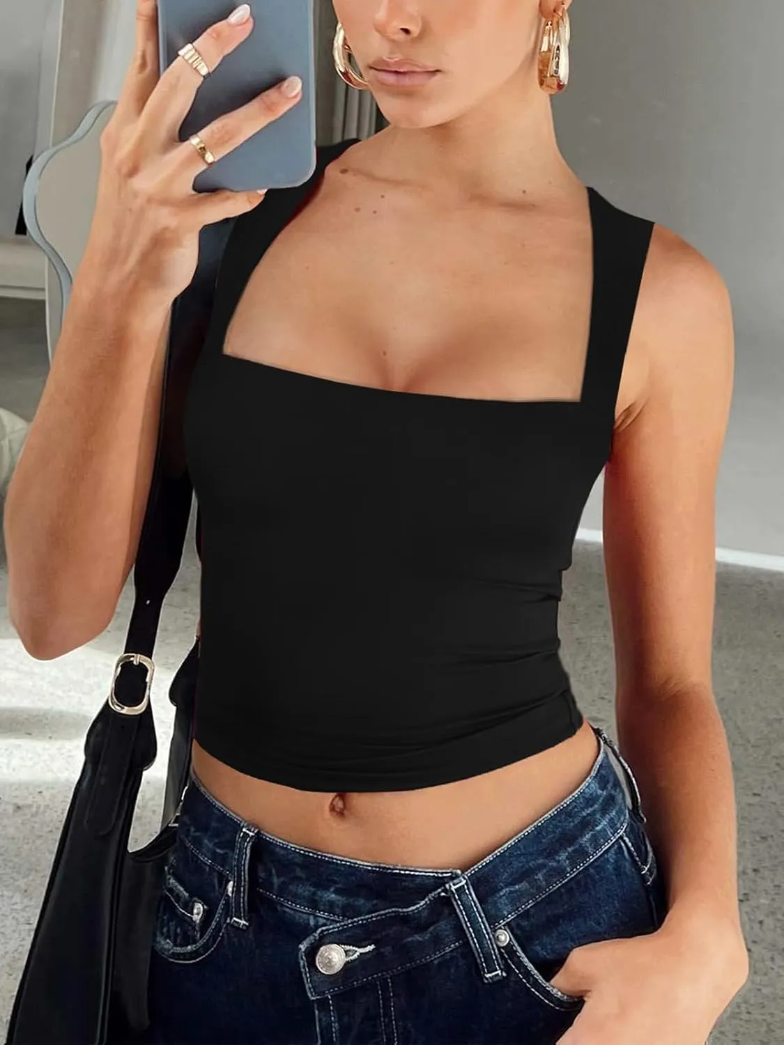 REORIA Butsmooth Women's Square Neck Going Out Crop Tops Double Lined Cute Basic Tank Tops 2025 Clothes