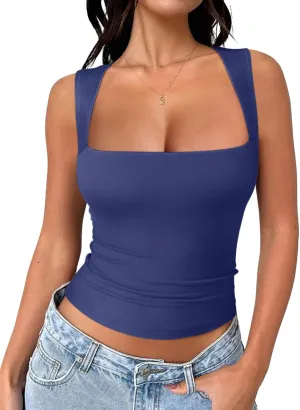 REORIA Butsmooth Women's Square Neck Going Out Crop Tops Double Lined Cute Basic Tank Tops 2025 Clothes