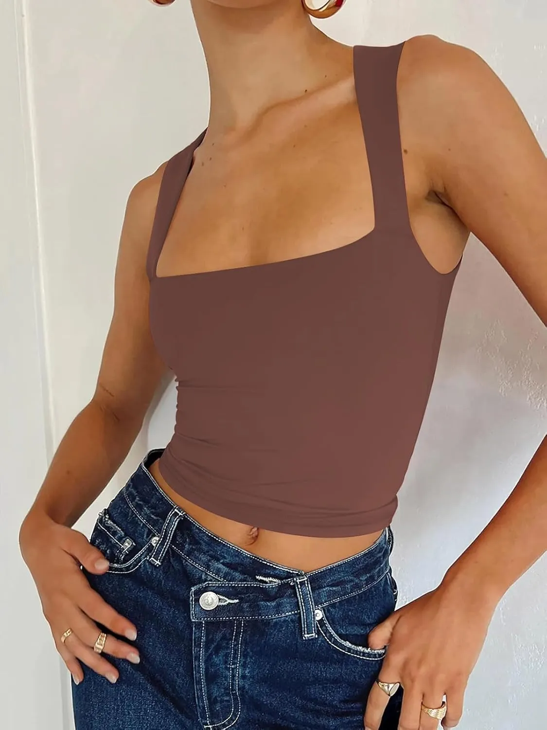 REORIA Butsmooth Women's Square Neck Going Out Crop Tops Double Lined Cute Basic Tank Tops 2025 Clothes