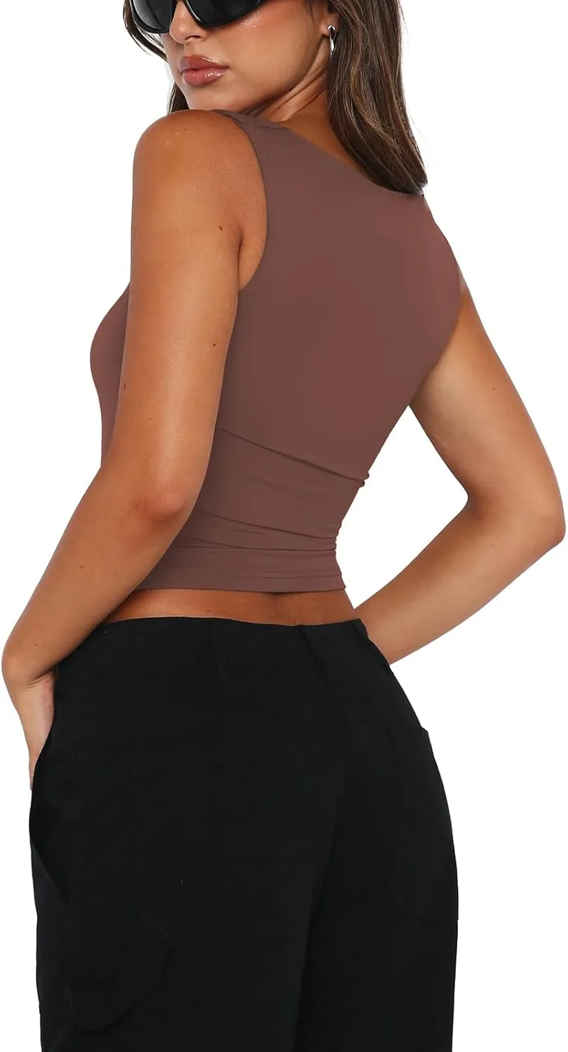 REORIA Butsmooth Women's Square Neck Going Out Crop Tops Double Lined Cute Basic Tank Tops 2025 Clothes