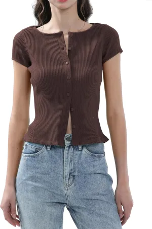 Ribbed Button Down T Shirts for Women Short Sleeve Going Out Tops Cropped Fitted Knit Blouses