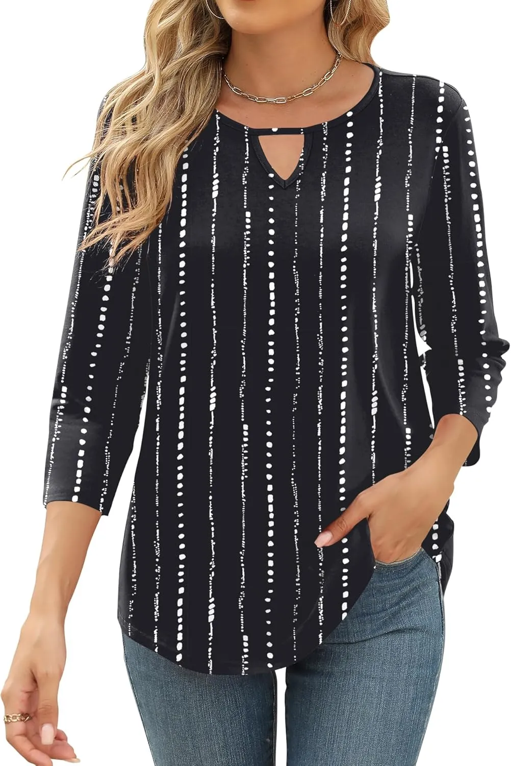 Romanstii 3/4 Length Sleeve Womens Tops Keyhole Crewneck Shirts Business Dressy Casual Tunic Blouses Summer Basic Tees