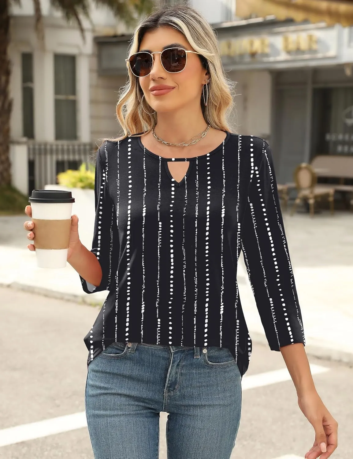 Romanstii 3/4 Length Sleeve Womens Tops Keyhole Crewneck Shirts Business Dressy Casual Tunic Blouses Summer Basic Tees