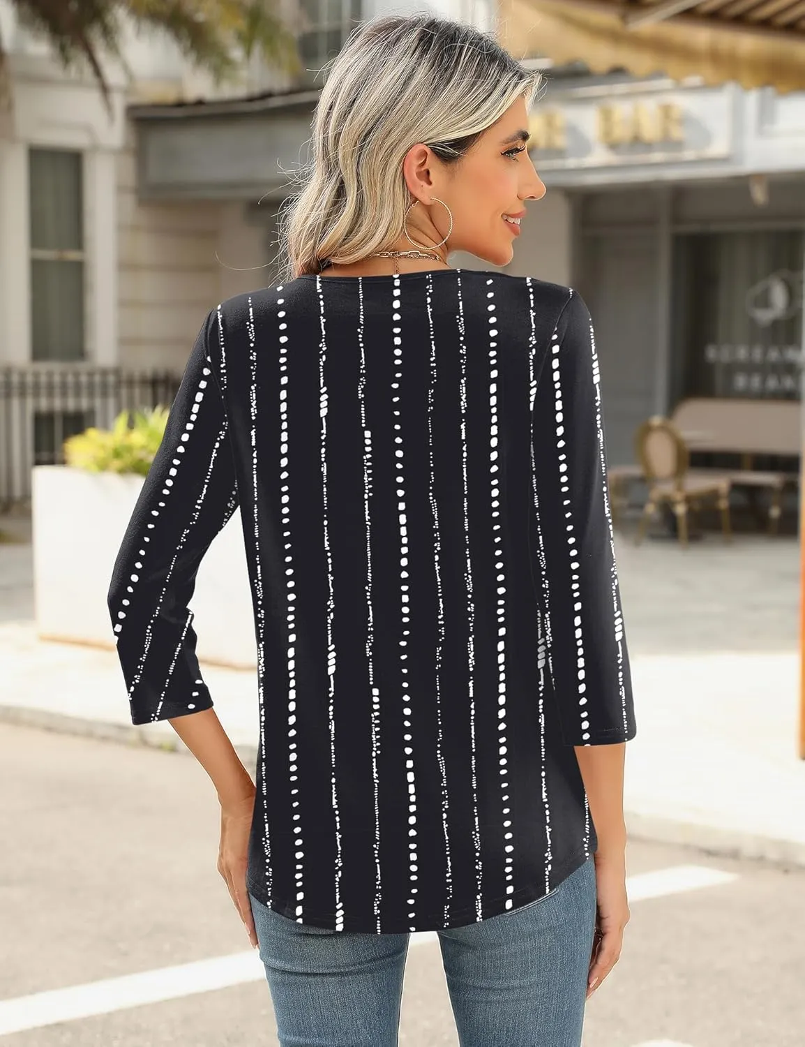 Romanstii 3/4 Length Sleeve Womens Tops Keyhole Crewneck Shirts Business Dressy Casual Tunic Blouses Summer Basic Tees
