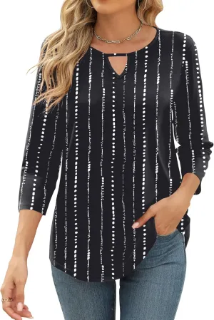 Romanstii 3/4 Length Sleeve Womens Tops Keyhole Crewneck Shirts Business Dressy Casual Tunic Blouses Summer Basic Tees
