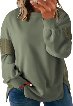ROSRISS Womens Plus Size Sweatshirts Long Sleeve Color Block Tops Trendy Side Split Shirts Oversized Pullover Sweaters