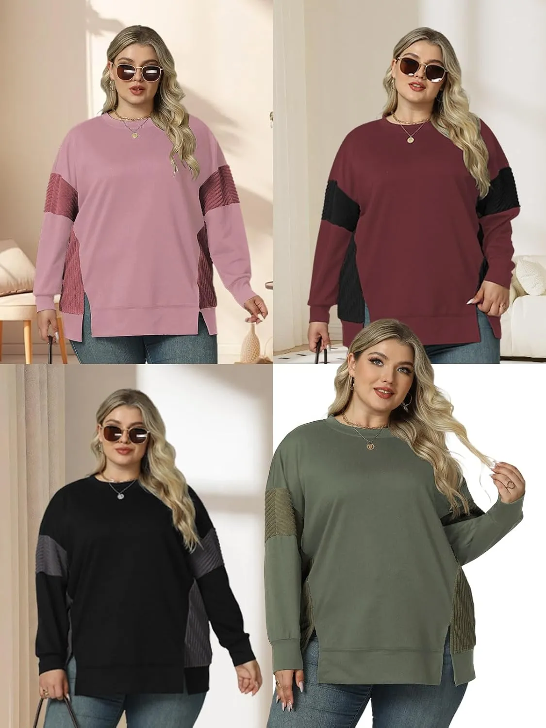 ROSRISS Womens Plus Size Sweatshirts Long Sleeve Color Block Tops Trendy Side Split Shirts Oversized Pullover Sweaters