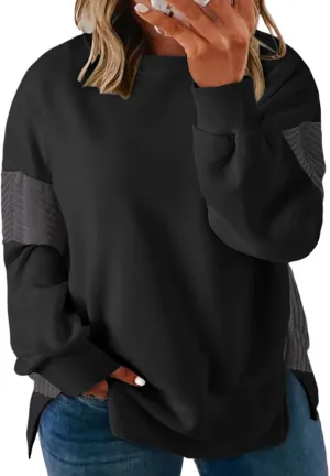 ROSRISS Womens Plus Size Sweatshirts Long Sleeve Color Block Tops Trendy Side Split Shirts Oversized Pullover Sweaters
