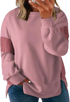 ROSRISS Womens Plus Size Sweatshirts Long Sleeve Color Block Tops Trendy Side Split Shirts Oversized Pullover Sweaters