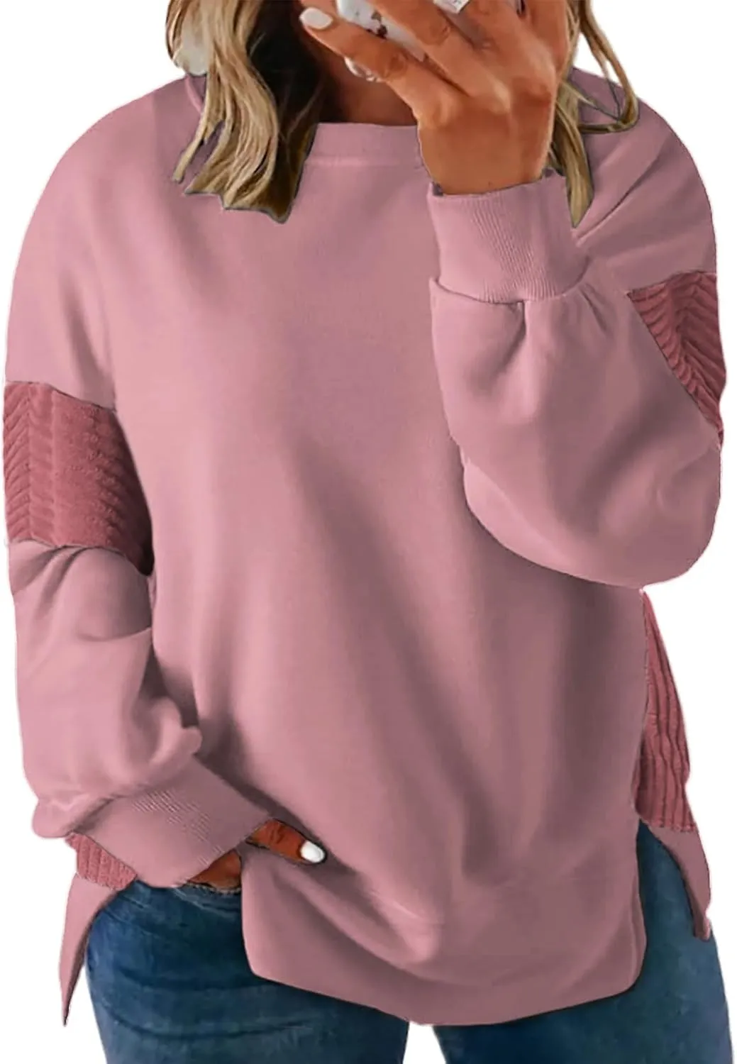 ROSRISS Womens Plus Size Sweatshirts Long Sleeve Color Block Tops Trendy Side Split Shirts Oversized Pullover Sweaters