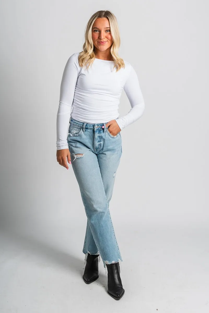 Ruched long sleeve top off white