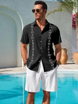 Runcati Mens Short Sleeve Guayabera Shirts Button Down Cuban Casual Mexican Shirts Summer Beach Wedding Linen Tops