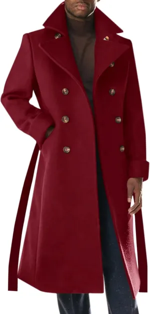 Runcati Mens Trench Coat Notch Lapel Double Breasted Belted Pea Coat Wool Blend Winter Warm Overcoat