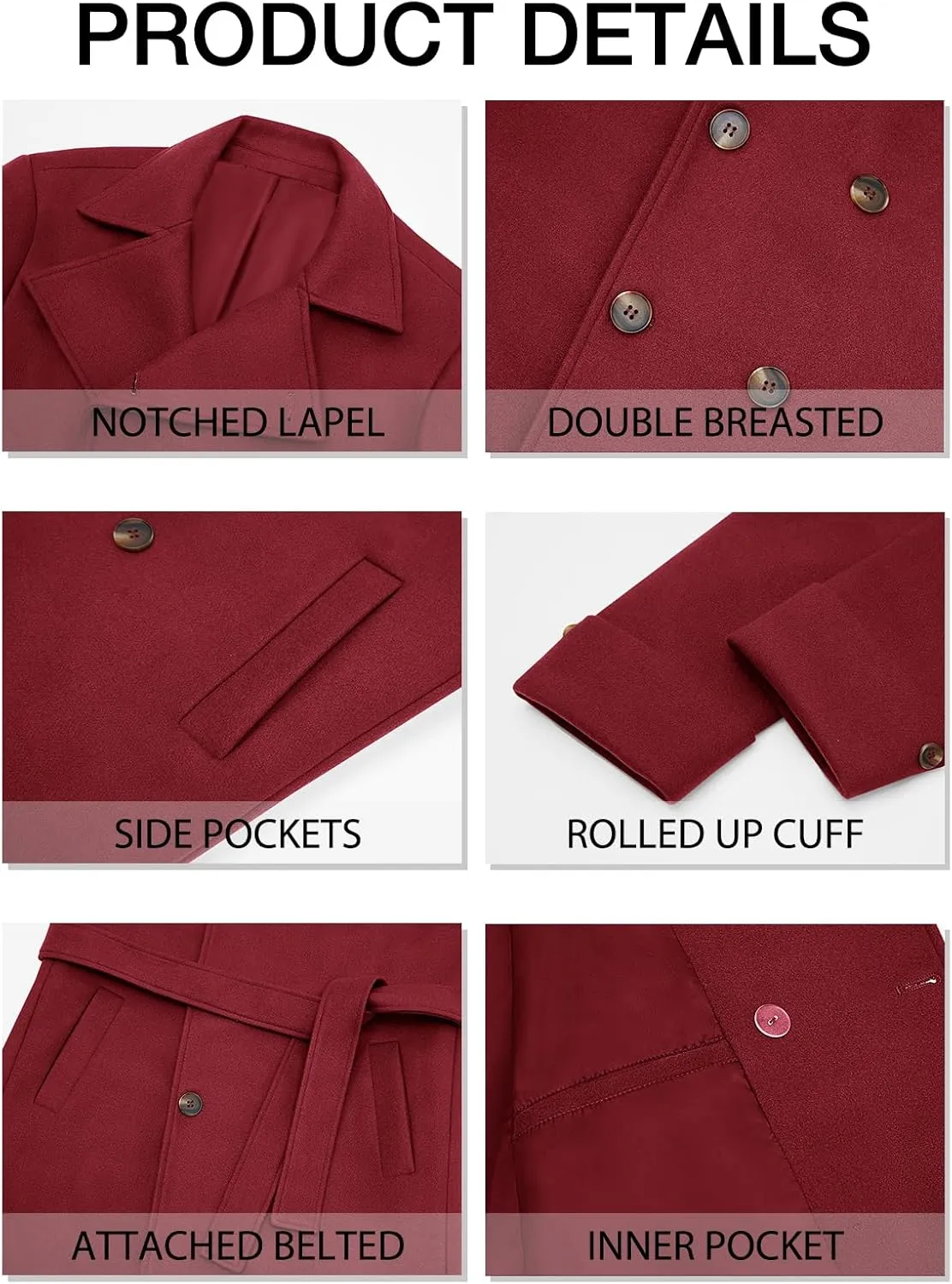 Runcati Mens Trench Coat Notch Lapel Double Breasted Belted Pea Coat Wool Blend Winter Warm Overcoat