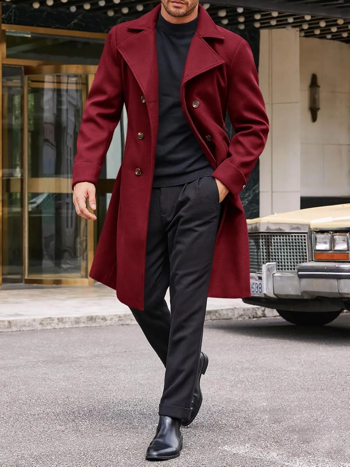 Runcati Mens Trench Coat Notch Lapel Double Breasted Belted Pea Coat Wool Blend Winter Warm Overcoat