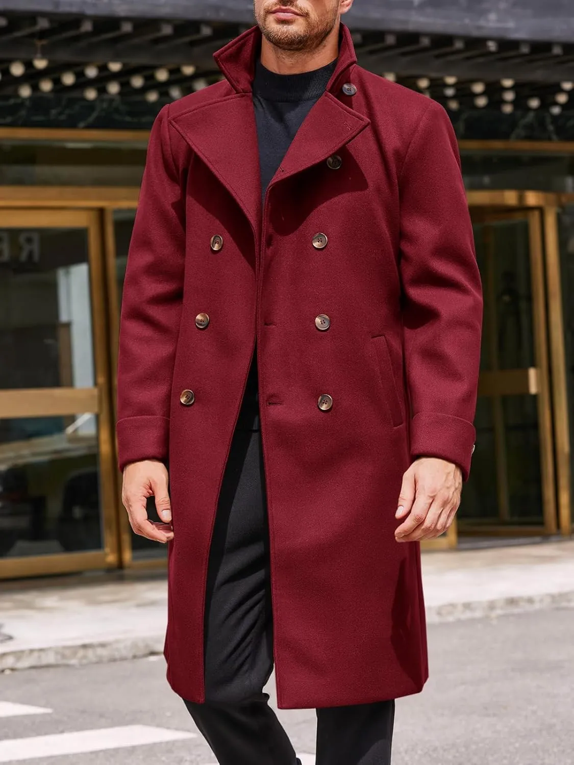 Runcati Mens Trench Coat Notch Lapel Double Breasted Belted Pea Coat Wool Blend Winter Warm Overcoat