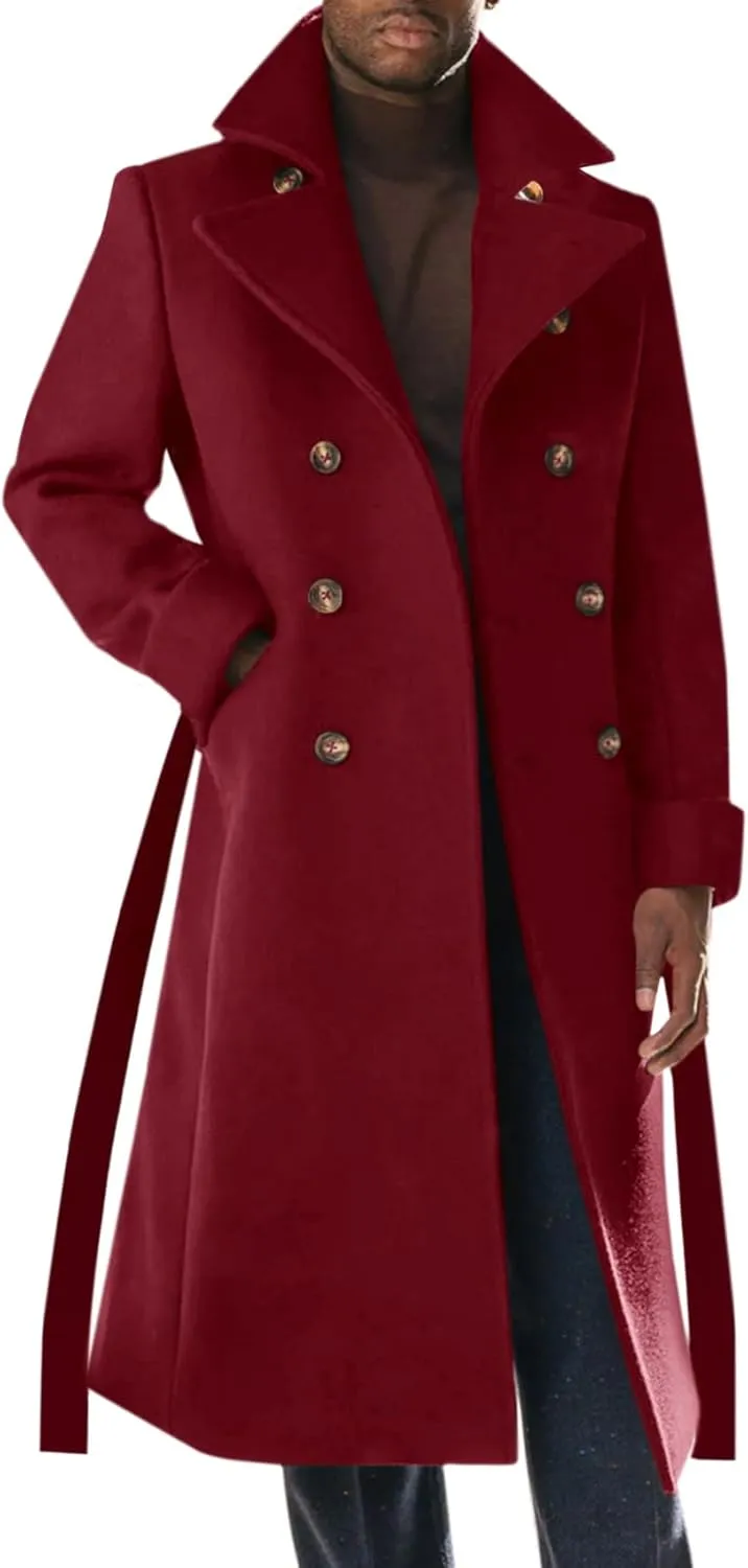 Runcati Mens Trench Coat Notch Lapel Double Breasted Belted Pea Coat Wool Blend Winter Warm Overcoat