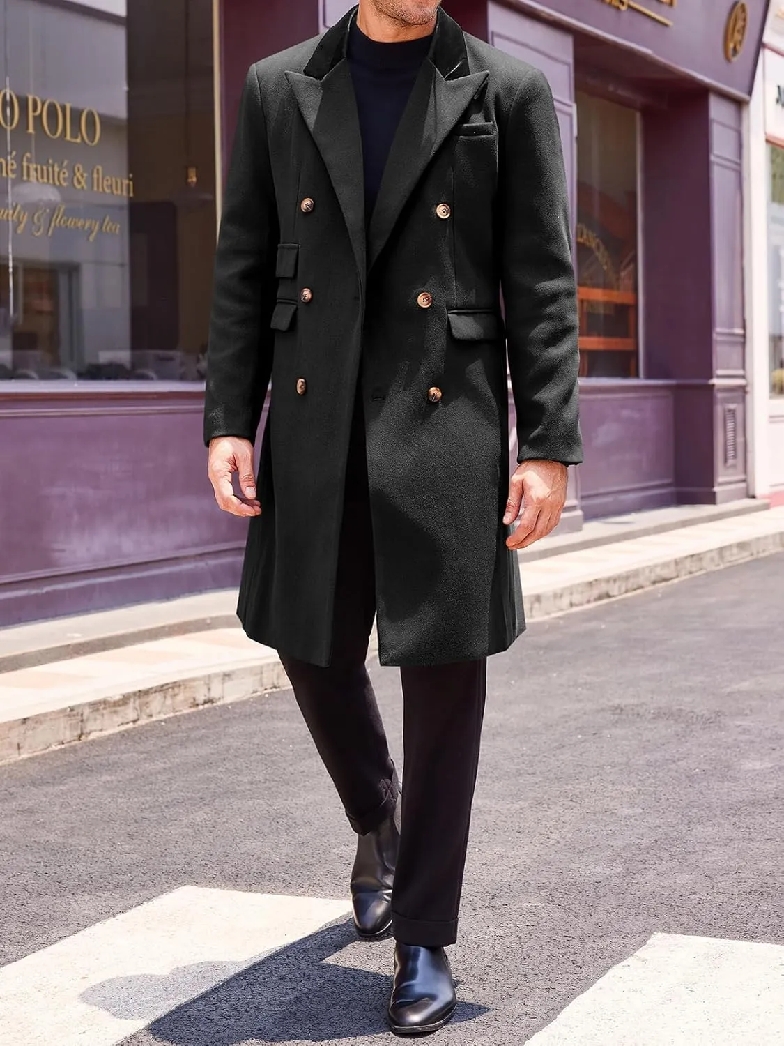 Runcati Mens Trench Coat Notch Lapel Double Breasted Casual Pea Coat Winter Warm Long Overcoat
