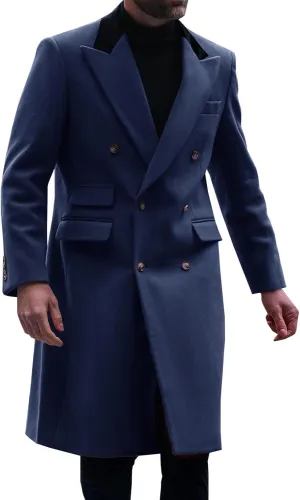 Runcati Mens Trench Coat Notch Lapel Double Breasted Casual Pea Coat Winter Warm Long Overcoat