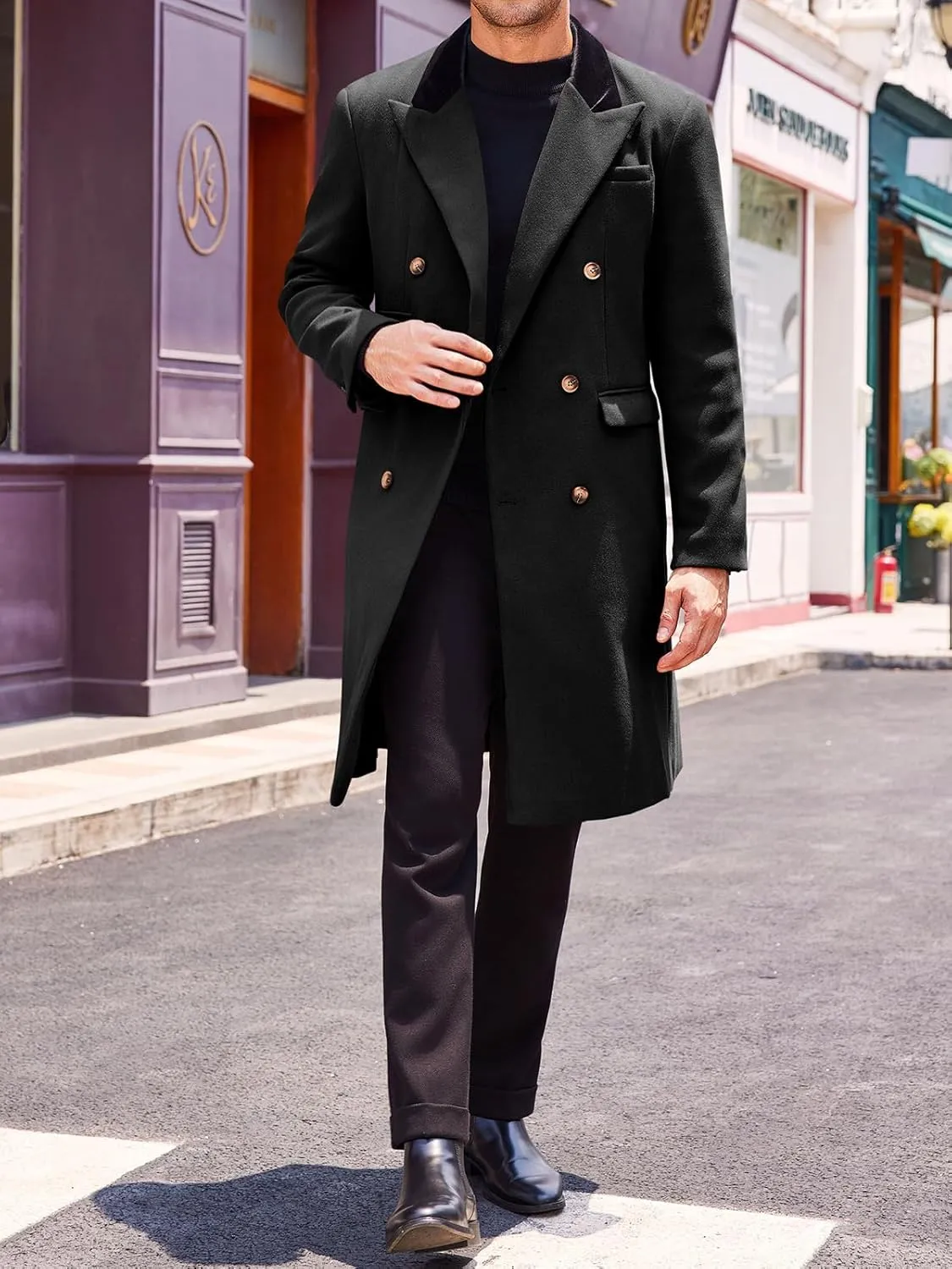 Runcati Mens Trench Coat Notch Lapel Double Breasted Casual Pea Coat Winter Warm Long Overcoat
