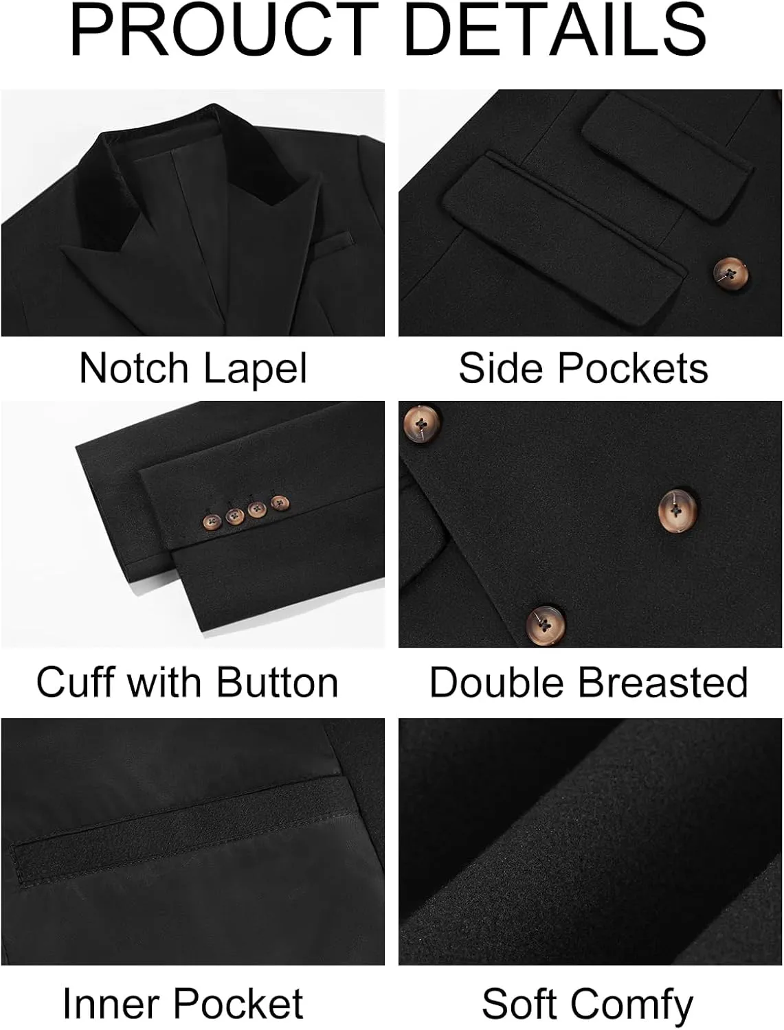 Runcati Mens Trench Coat Notch Lapel Double Breasted Casual Pea Coat Winter Warm Long Overcoat