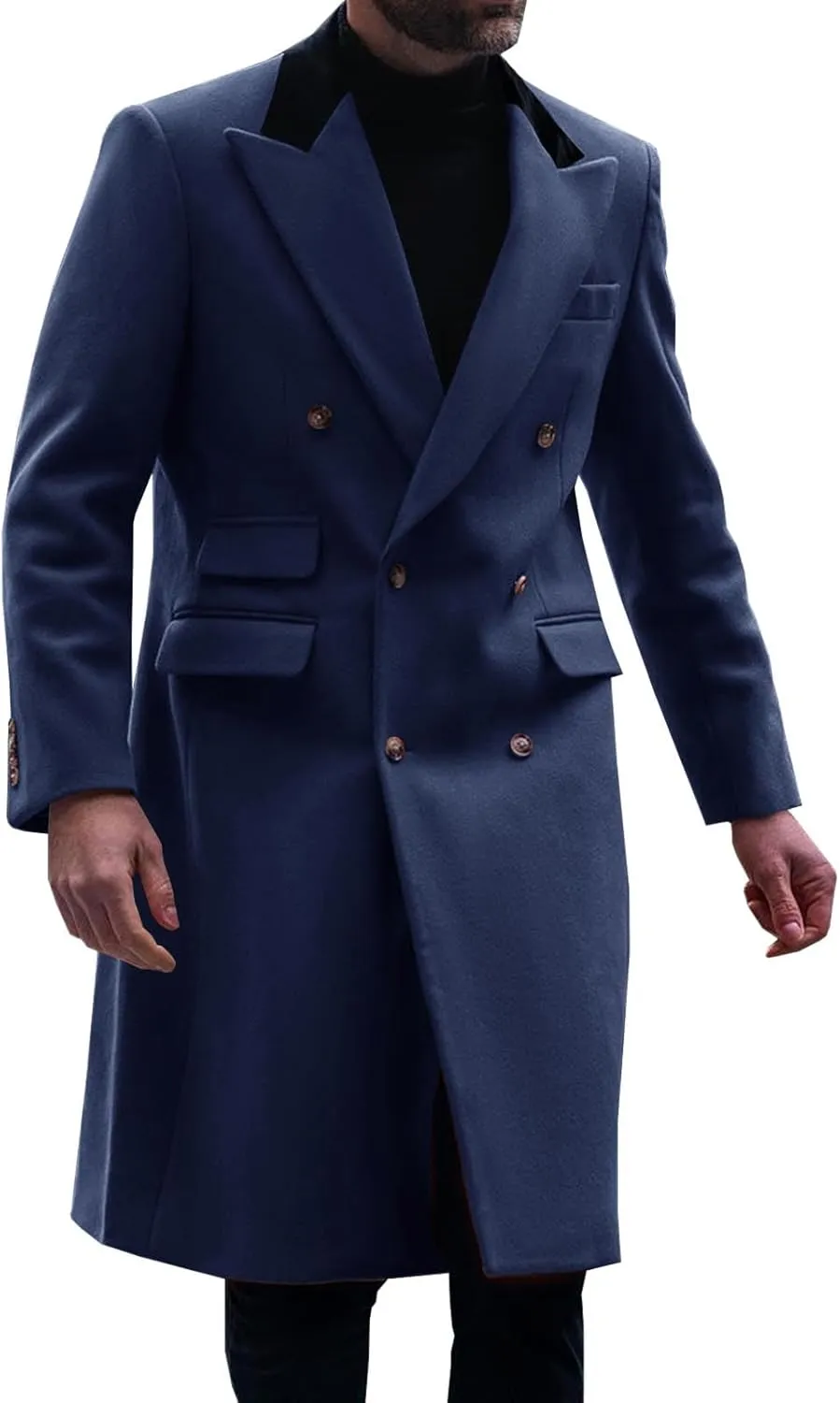 Runcati Mens Trench Coat Notch Lapel Double Breasted Casual Pea Coat Winter Warm Long Overcoat