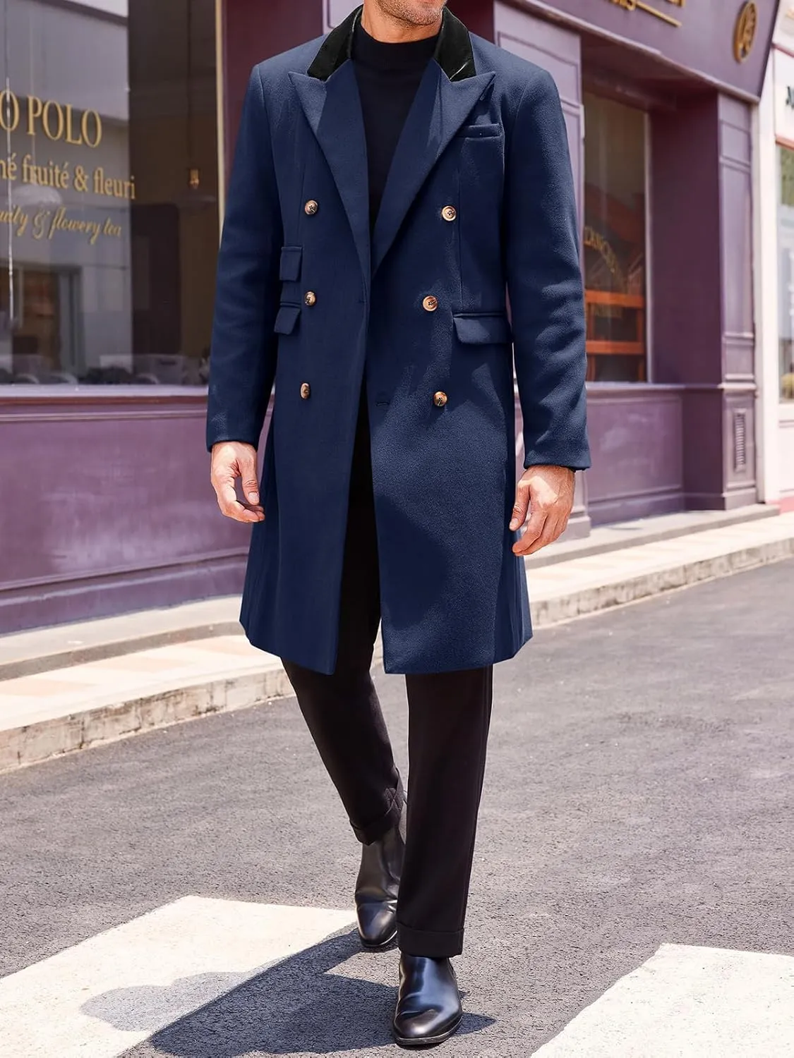 Runcati Mens Trench Coat Notch Lapel Double Breasted Casual Pea Coat Winter Warm Long Overcoat