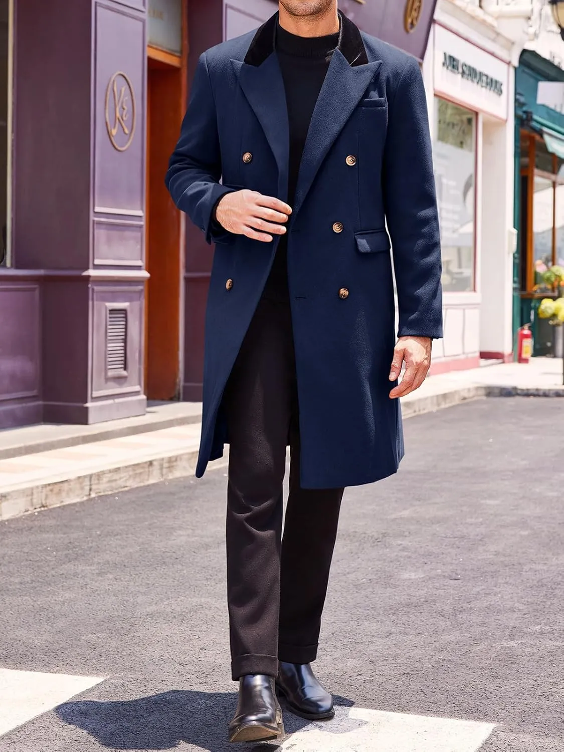 Runcati Mens Trench Coat Notch Lapel Double Breasted Casual Pea Coat Winter Warm Long Overcoat