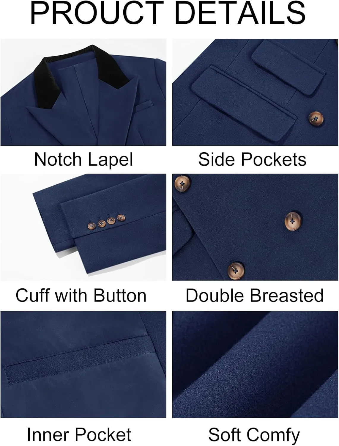 Runcati Mens Trench Coat Notch Lapel Double Breasted Casual Pea Coat Winter Warm Long Overcoat