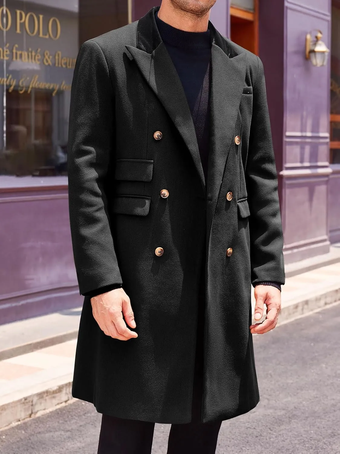 Runcati Mens Trench Coat Notch Lapel Double Breasted Casual Pea Coat Winter Warm Long Overcoat