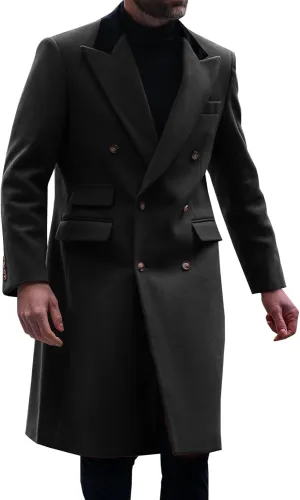 Runcati Mens Trench Coat Notch Lapel Double Breasted Casual Pea Coat Winter Warm Long Overcoat