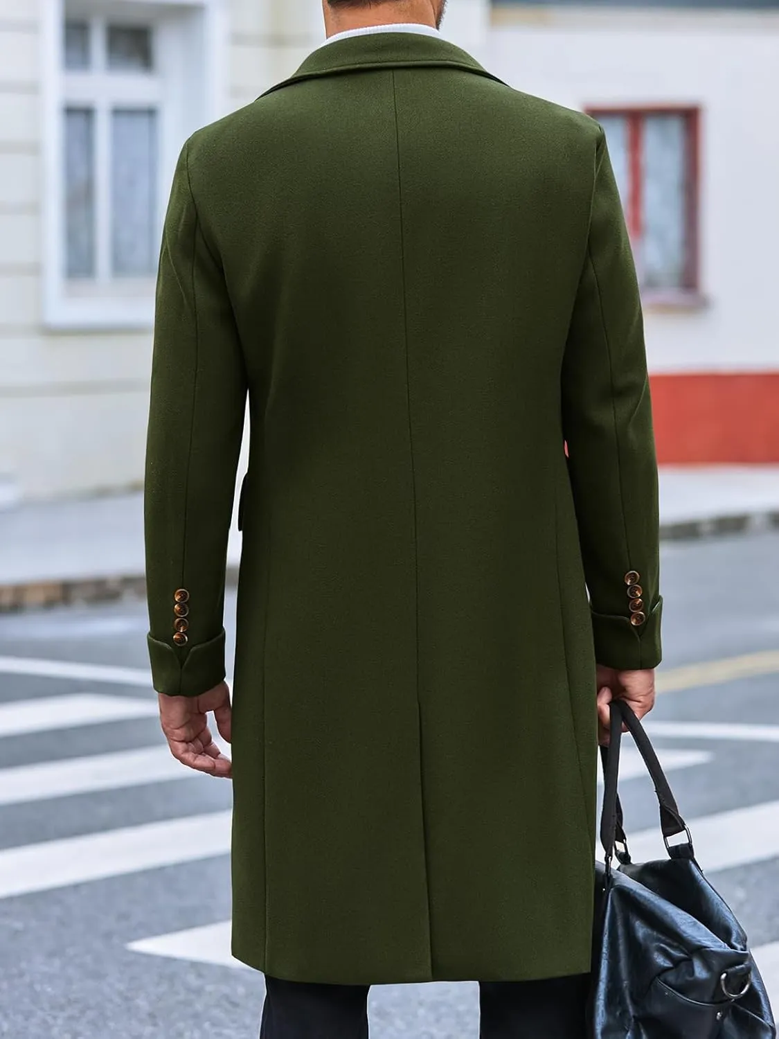 Runcati Mens Trench Coat Notch Lapel Slim Fit Double Breasted Wool Blend Long Pea Coat Winter Warm Overcoat
