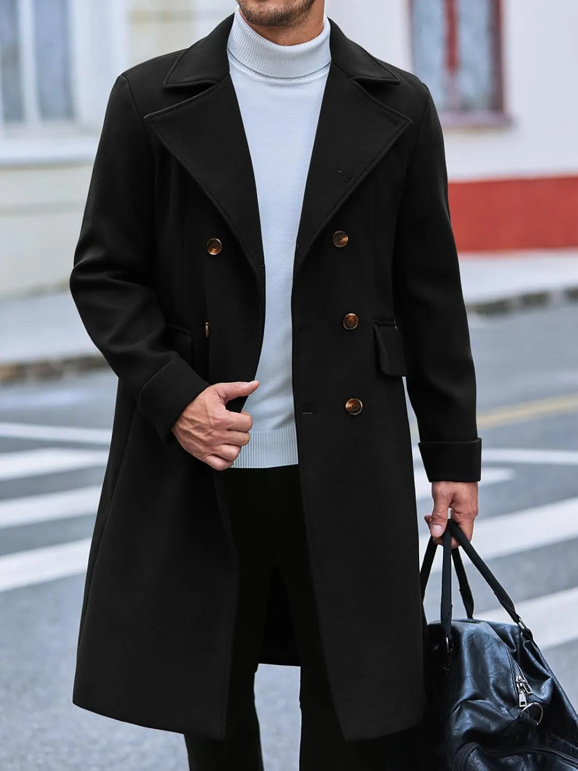 Runcati Mens Trench Coat Notch Lapel Slim Fit Double Breasted Wool Blend Long Pea Coat Winter Warm Overcoat