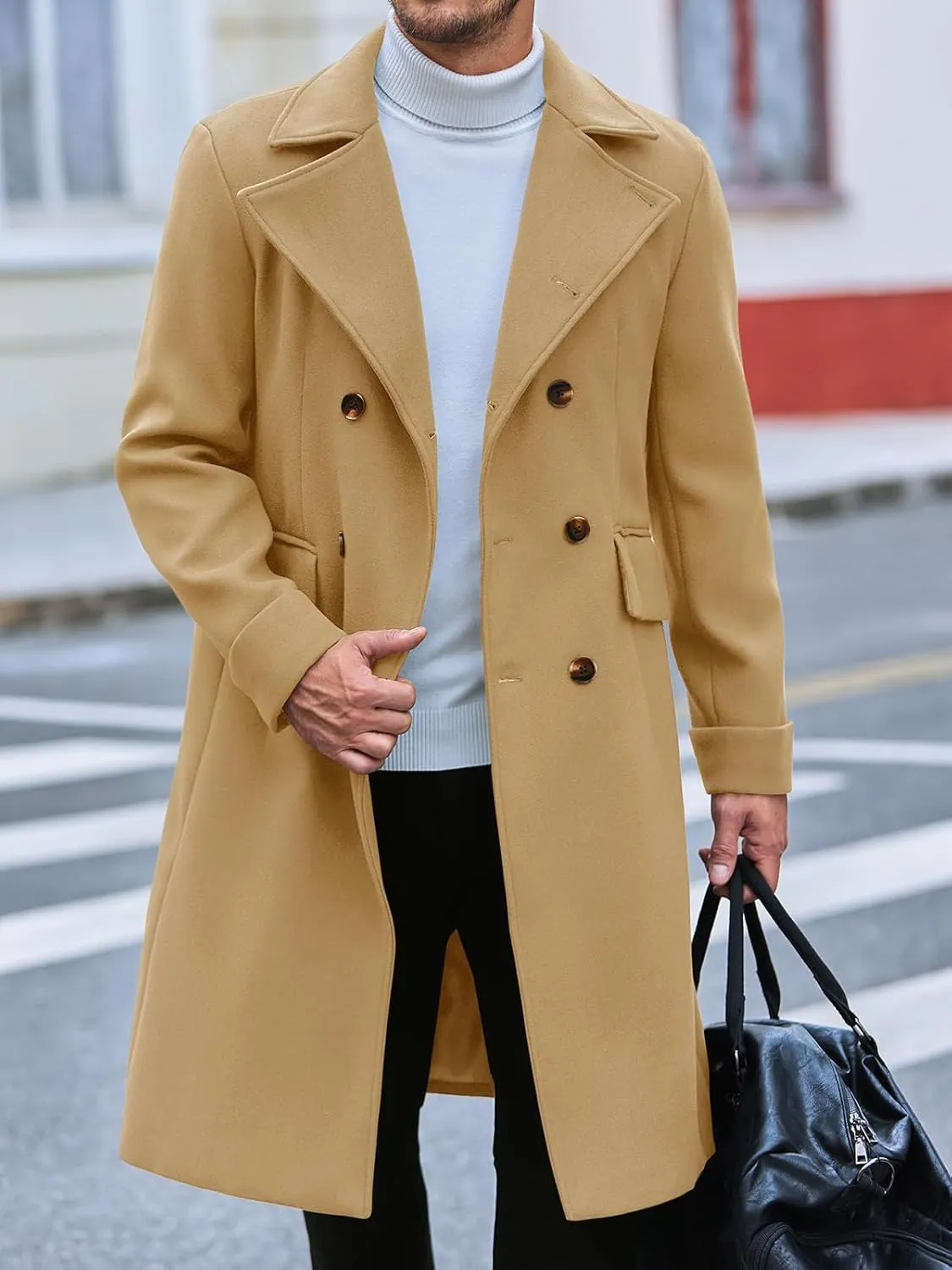 Runcati Mens Trench Coat Notch Lapel Slim Fit Double Breasted Wool Blend Long Pea Coat Winter Warm Overcoat